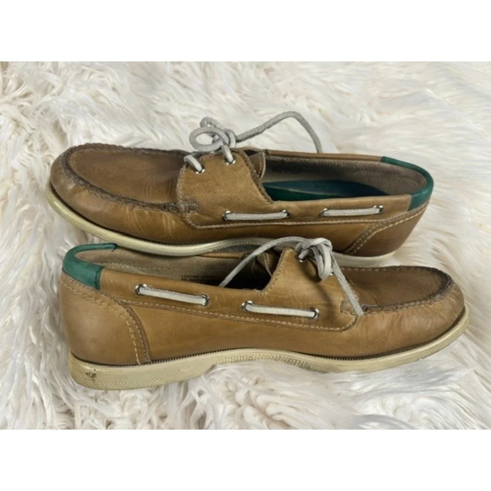 Landrover Boat Shoes‎ Men 10 M Tan Leather All Terrain Green Accent Deck Loafers